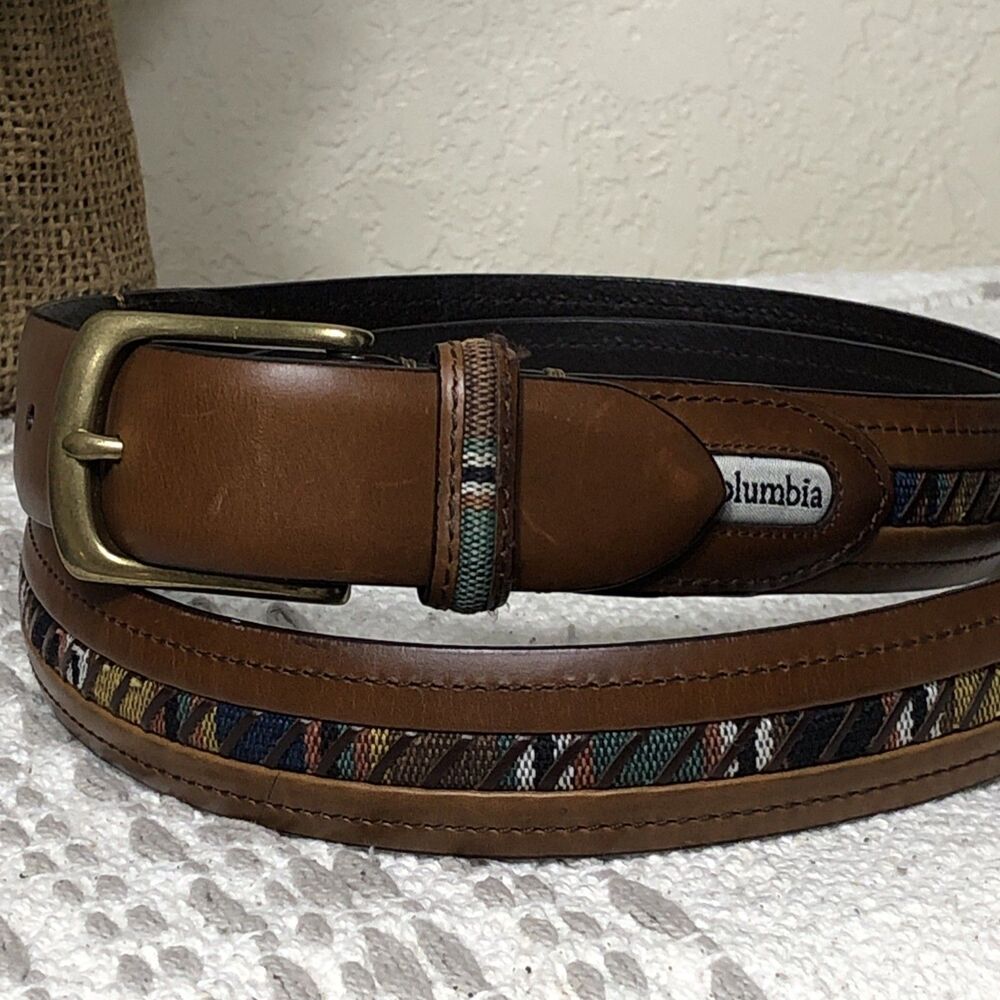 Columbia Sportswear Genuine Brown Leather Belt Size 42 Fabric Inlay Southwestern